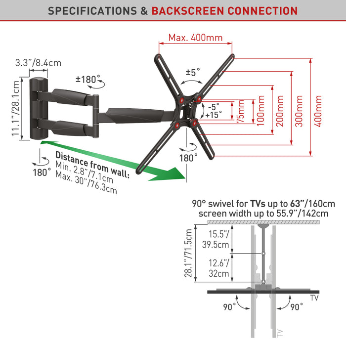 Barkan Supporti Staffa da parete per TV extra lunga 13 - 65 pollici | Max. 36 kg | VESA 400x400