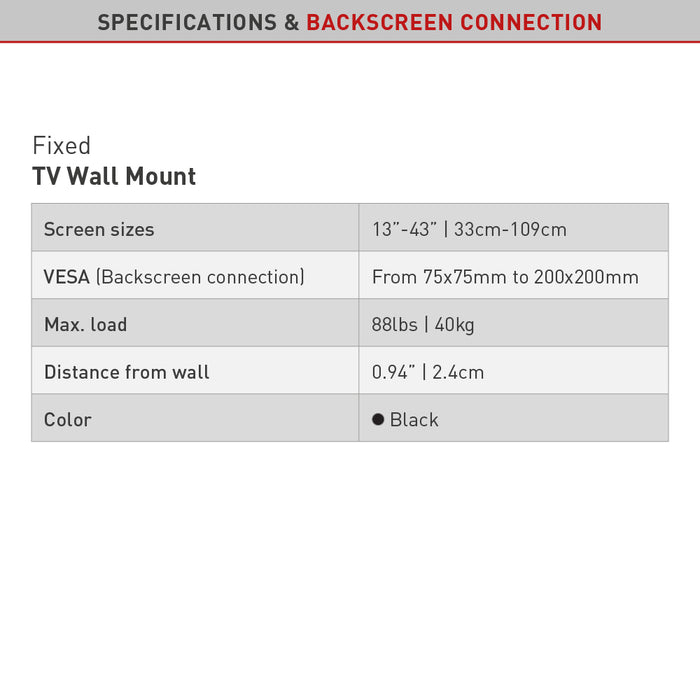 Barkan Mounts Compacte Vaste muurbeugel voor schermen tot 43 inch |VESA 200x200