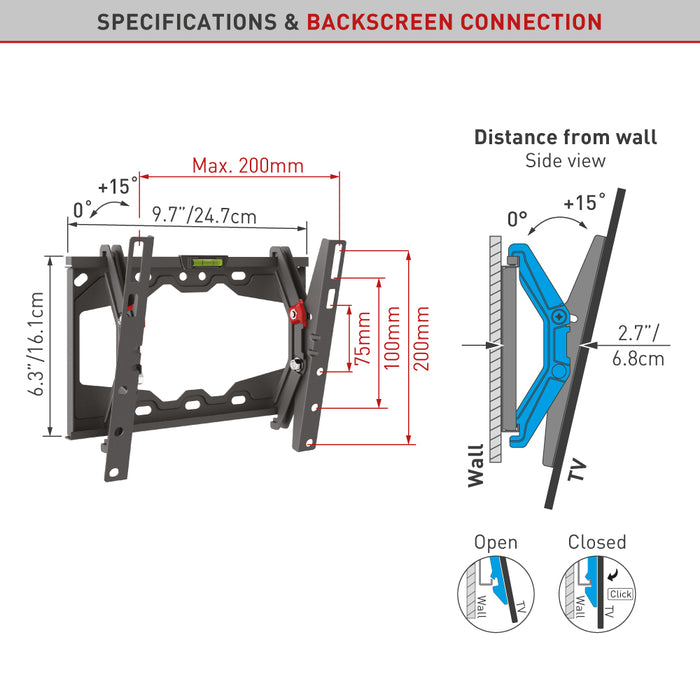 Barkan Mounts Supporto da parete compatto inclinabile per schermi fino a 43 pollici | VESA 200x200