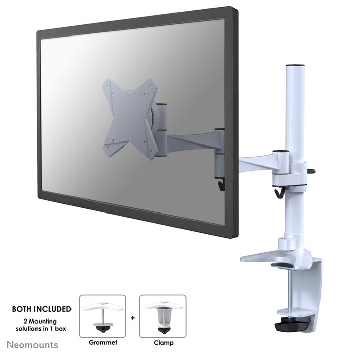Neomounts FPMA-D1330 bianco è un supporto da scrivania con 3 punti di rotazione per schermi piatti fino a 30 pollici (76 cm).