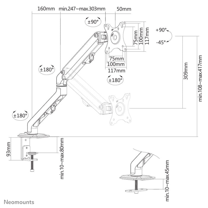 Neomounts FPMA-D650 nero è un supporto da scrivania full motion per schermi fino a 27 pollici (69 cm).
