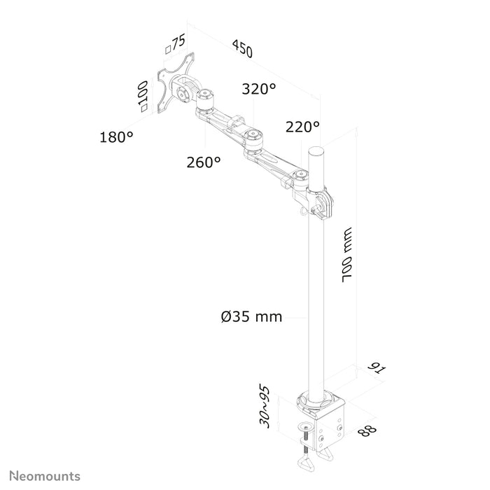 Neomounts FPMA-D935POLE70 è un supporto da scrivania con 3 punti di rotazione per schermi piatti fino a 30 pollici (76 cm).