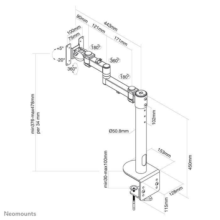 Neomounts FPMA-D960 neroPLUS è un supporto da scrivania con 3 punti di rotazione per schermi curvi fino a 49 pollici (124 cm).