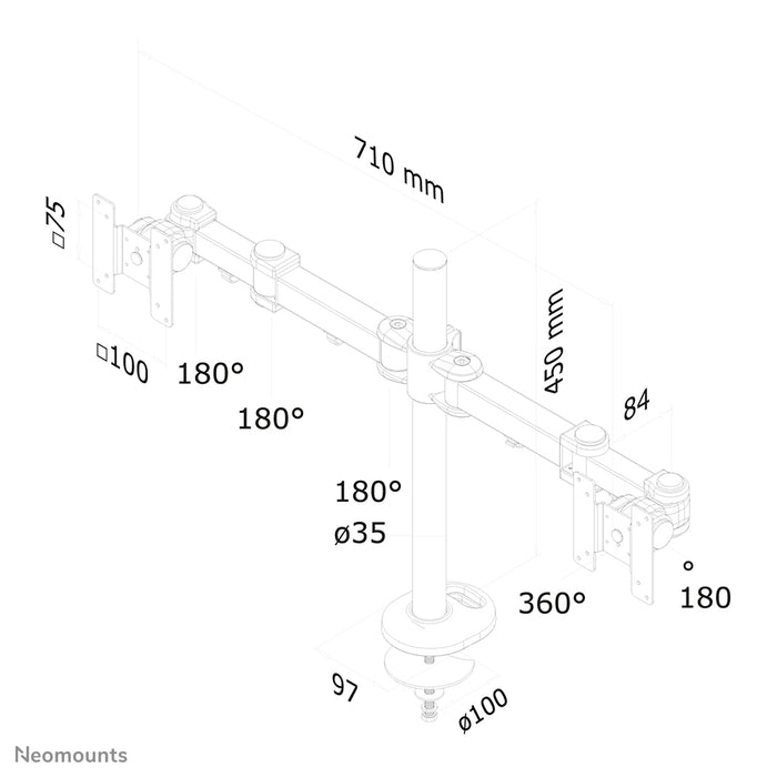 Neomounts FPMA-D960DG è un supporto da scrivania per 2 schermi piatti fino a 27 pollici (69 cm).