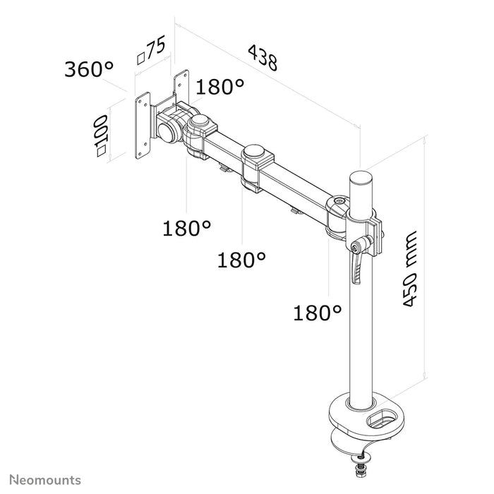 Neomounts FPMA-D960G è un supporto da scrivania con 3 punti di rotazione per schermi piatti fino a 30 pollici (76 cm).