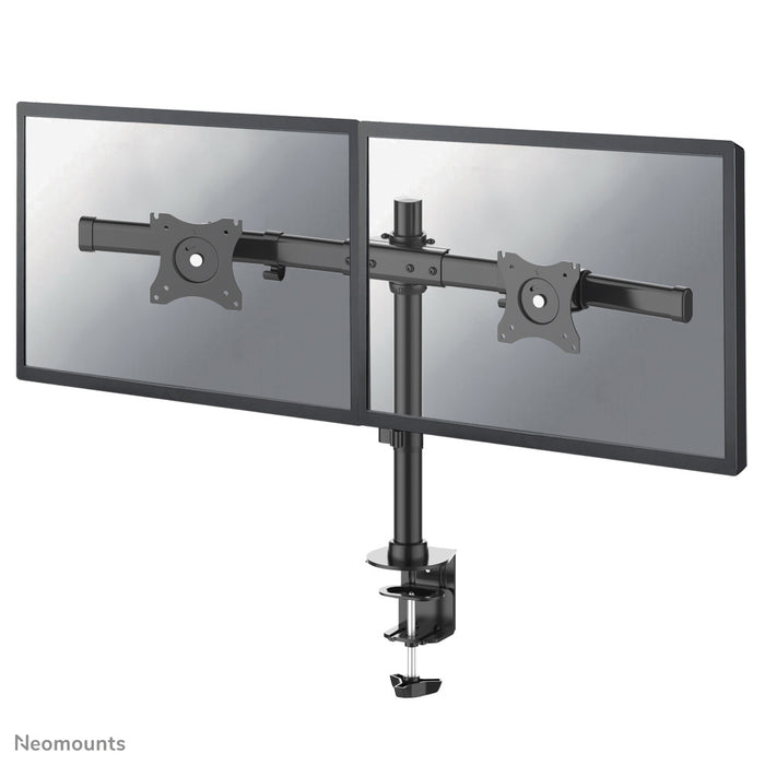 Neomounts FPMA-DCB100D zwart è un supporto da scrivania a barra trasversale per 2 schermi piatti fino a 27 pollici (69 cm).