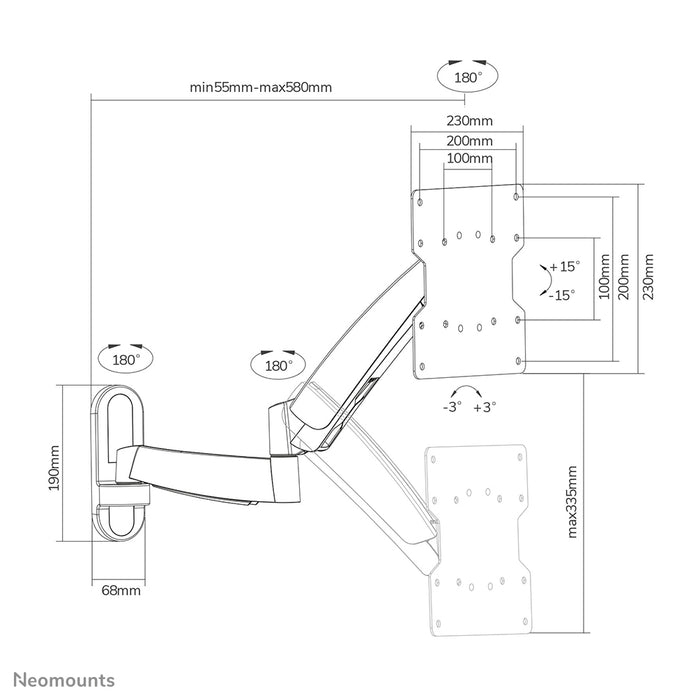 Neomounts FPMA-W950 è un supporto a parete con 3 punti di rotazione per schermi piatti fino a 40 pollici (102 cm).