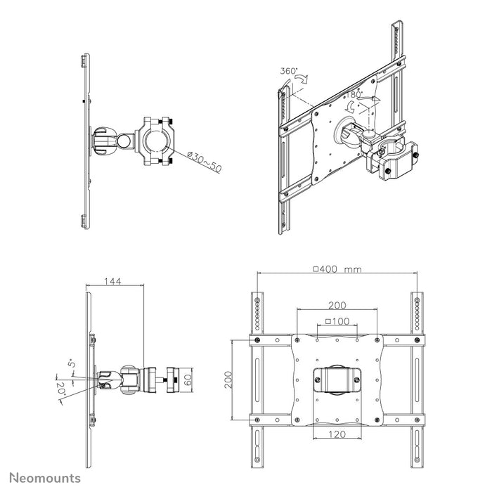 Neomounts FPMA-WP440black è un supporto a palo inclinabile e girevole per schermi LCD/LED/TFT fino a 52 pollici (132 cm).