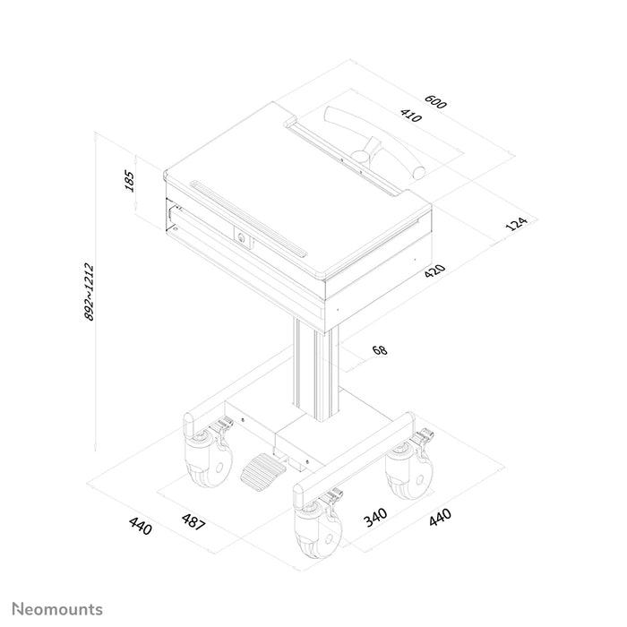Neomounts MED-M100 è una postazione di lavoro mobile per laptop, tastiera e mouse.
