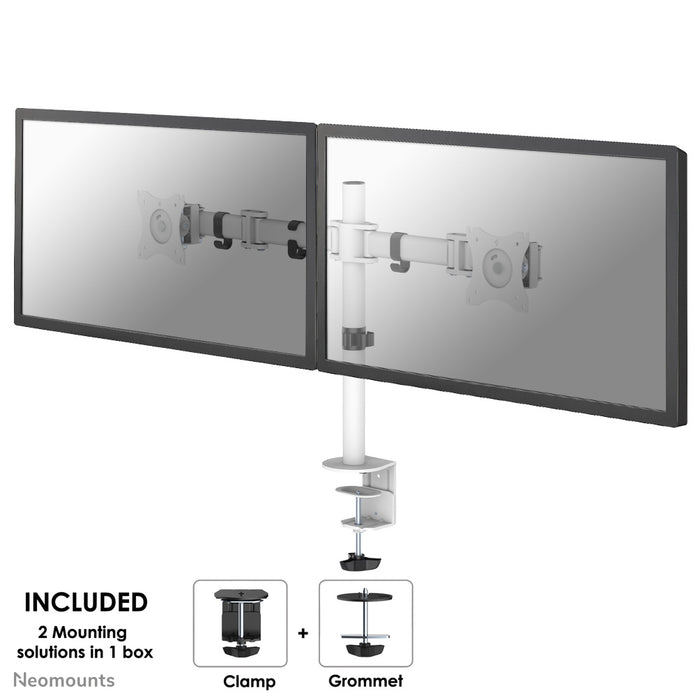Neomounts NM-D135D bianco è un supporto da scrivania per 2 schermi piatti fino a 27 pollici (69 cm).