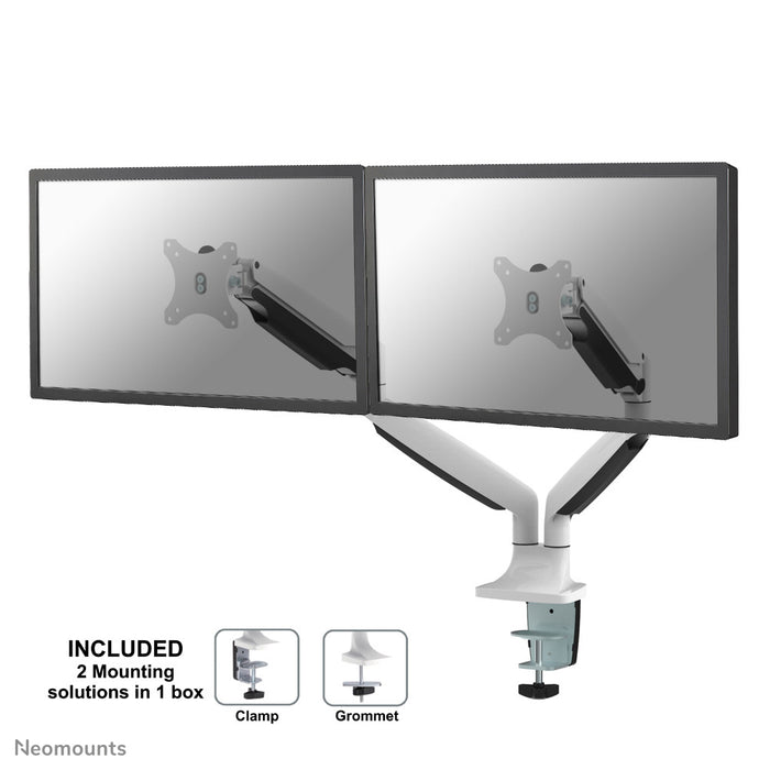 Neomounts NM-D750D bianco è un supporto da scrivania con molla a gas per due schermi piatti fino a 32 pollici (82 cm).