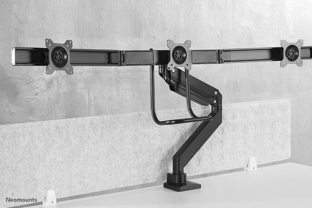 Neomounts NM-D775DX3 nero è un supporto da scrivania con molla a gas, barra trasversale e leva per schermi piatti fino a 27 pollici (68,6 cm).