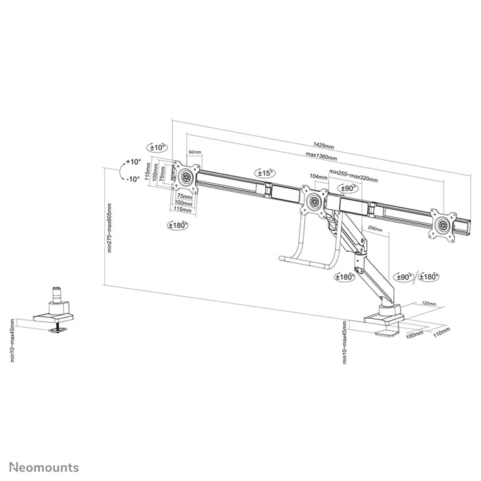 Neomounts NM-D775DX3 nero è un supporto da scrivania con molla a gas, barra trasversale e leva per schermi piatti fino a 27 pollici (68,6 cm).
