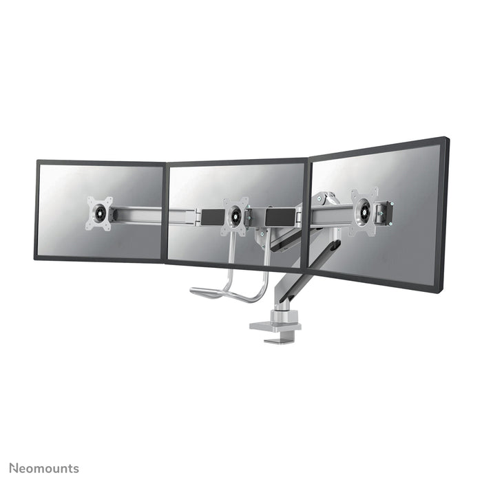 Neomounts NM-D775DX3 argento è un supporto da scrivania con molla a gas, barra trasversale e leva per schermi piatti fino a 27 pollici (68,6 cm).