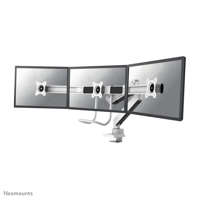 Neomounts NM-D775DX3 bianco è un supporto da scrivania con molla a gas, barra trasversale e leva per schermi piatti fino a 27 pollici (68,6 cm).