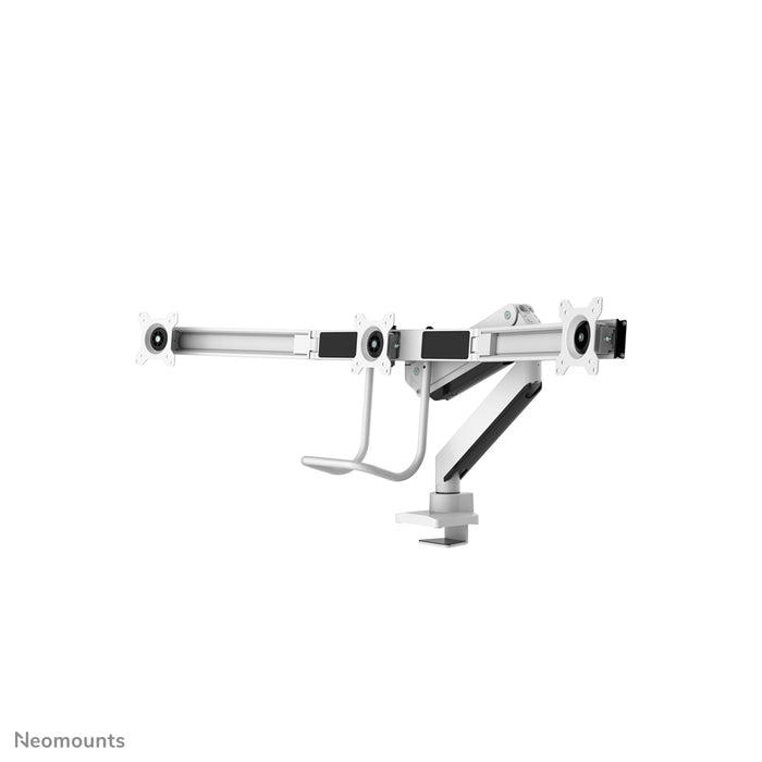 Neomounts NM-D775DX3 bianco è un supporto da scrivania con molla a gas, barra trasversale e leva per schermi piatti fino a 27 pollici (68,6 cm).