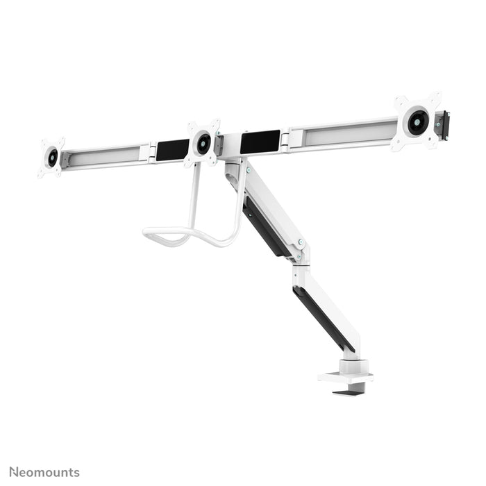 Neomounts NM-D775DX3 bianco è un supporto da scrivania con molla a gas, barra trasversale e leva per schermi piatti fino a 27 pollici (68,6 cm).