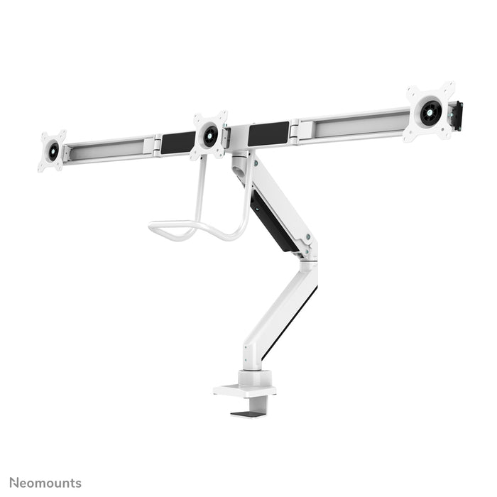 Neomounts NM-D775DX3 bianco è un supporto da scrivania con molla a gas, barra trasversale e leva per schermi piatti fino a 27 pollici (68,6 cm).