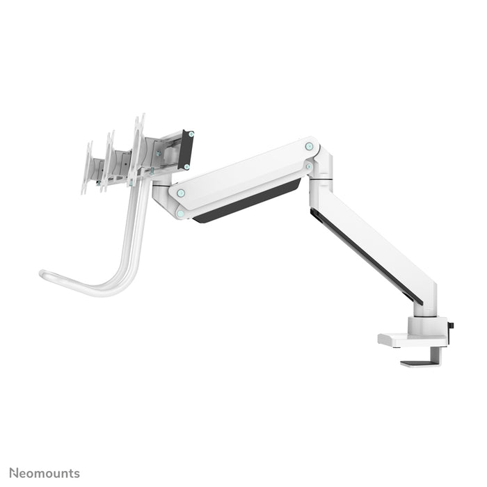 Neomounts NM-D775DX3 bianco è un supporto da scrivania con molla a gas, barra trasversale e leva per schermi piatti fino a 27 pollici (68,6 cm).