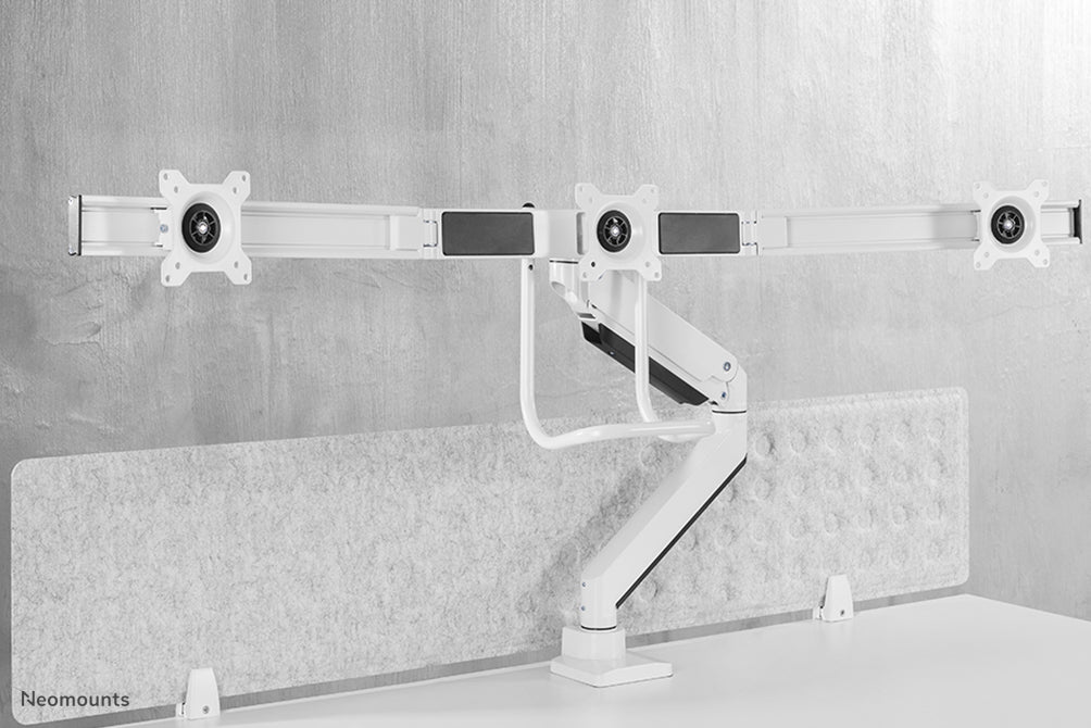 Neomounts NM-D775DX3 bianco è un supporto da scrivania con molla a gas, barra trasversale e leva per schermi piatti fino a 27 pollici (68,6 cm).