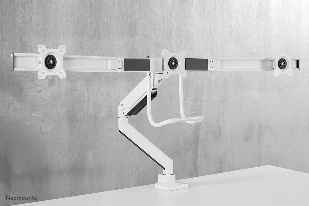 Neomounts NM-D775DX3 bianco è un supporto da scrivania con molla a gas, barra trasversale e leva per schermi piatti fino a 27 pollici (68,6 cm).