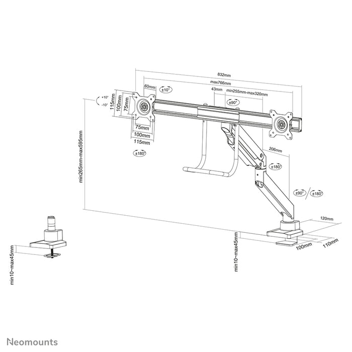 Neomounts NM-D775DX nero è un supporto da scrivania con molla a gas, barra trasversale e leva per schermi piatti fino a 32 pollici (81 cm).