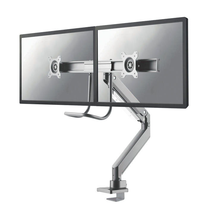 Neomounts NM-D775DX argento è un supporto da scrivania con molla a gas, barra trasversale e leva per schermi piatti fino a 32 pollici (81 cm).