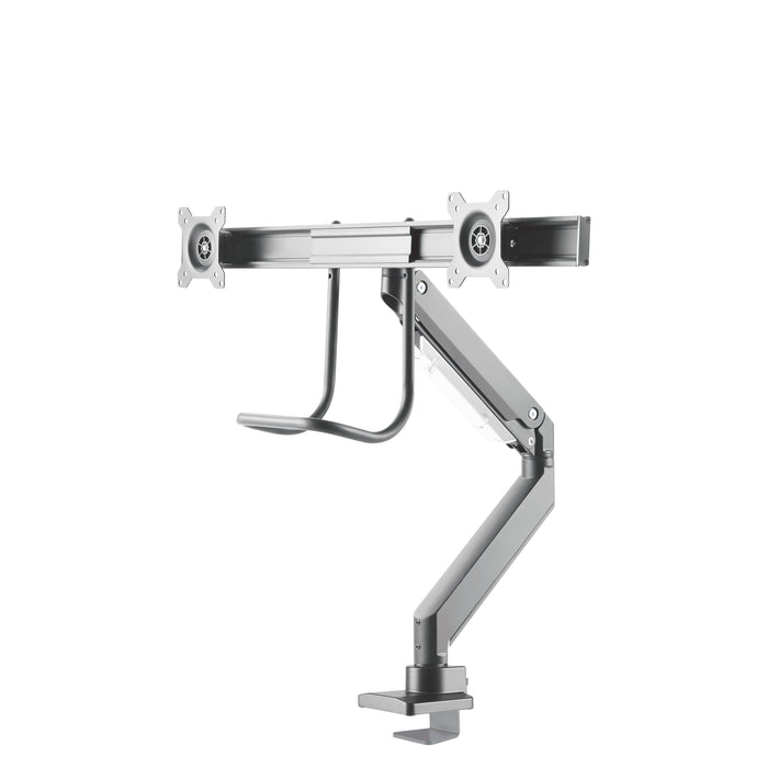 Neomounts NM-D775DX argento è un supporto da scrivania con molla a gas, barra trasversale e leva per schermi piatti fino a 32 pollici (81 cm).