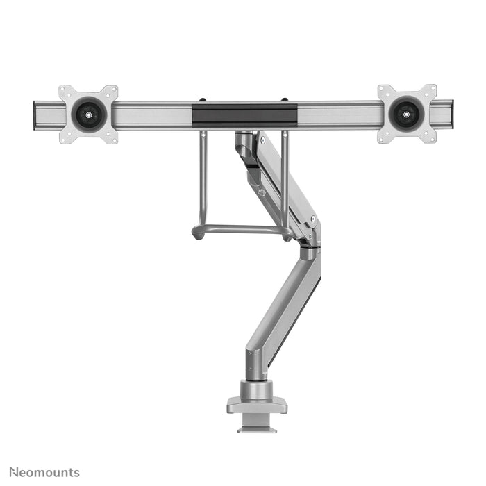 Neomounts NM-D775DX argento è un supporto da scrivania con molla a gas, barra trasversale e leva per schermi piatti fino a 32 pollici (81 cm).