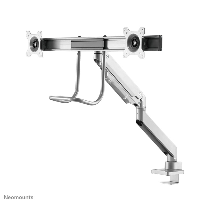 Neomounts NM-D775DX argento è un supporto da scrivania con molla a gas, barra trasversale e leva per schermi piatti fino a 32 pollici (81 cm).