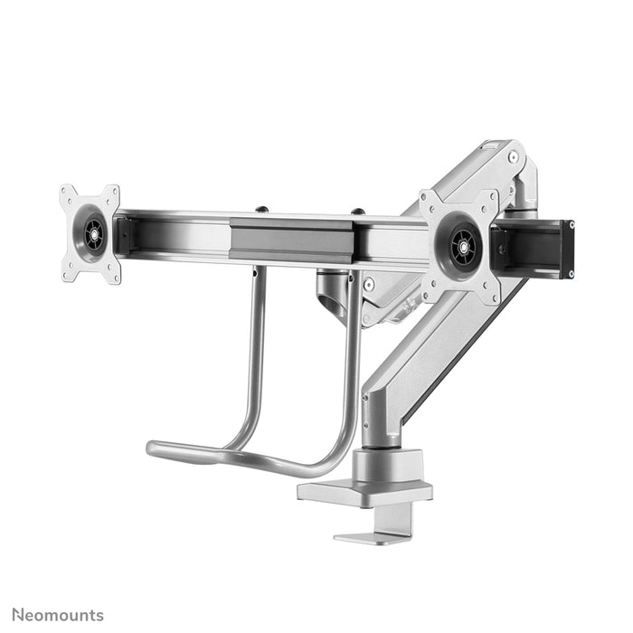 Neomounts NM-D775DX argento è un supporto da scrivania con molla a gas, barra trasversale e leva per schermi piatti fino a 32 pollici (81 cm).