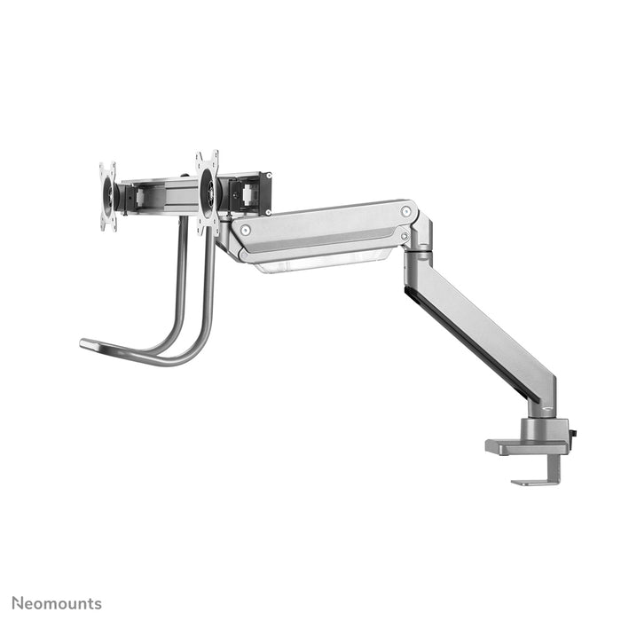 Neomounts NM-D775DX argento è un supporto da scrivania con molla a gas, barra trasversale e leva per schermi piatti fino a 32 pollici (81 cm).