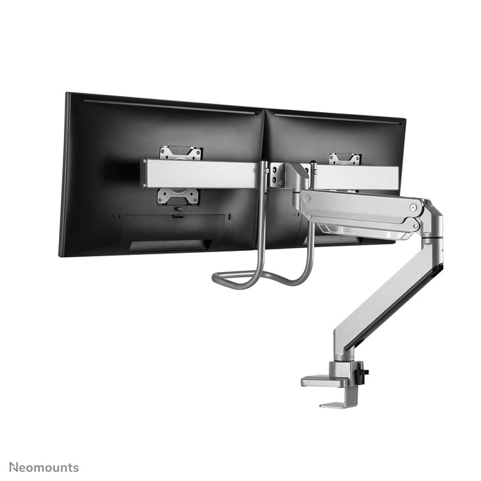 Neomounts NM-D775DX argento è un supporto da scrivania con molla a gas, barra trasversale e leva per schermi piatti fino a 32 pollici (81 cm).