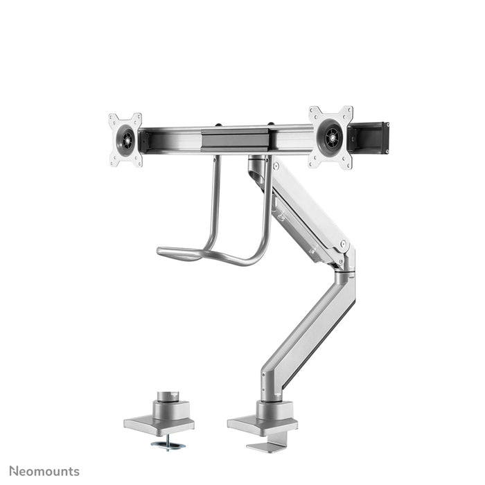 Neomounts NM-D775DX argento è un supporto da scrivania con molla a gas, barra trasversale e leva per schermi piatti fino a 32 pollici (81 cm).