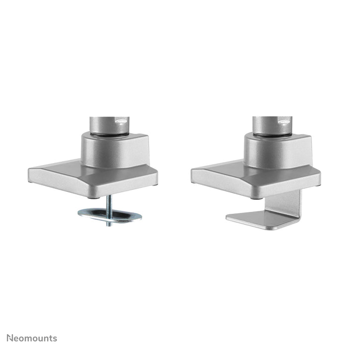 Neomounts NM-D775DX argento è un supporto da scrivania con molla a gas, barra trasversale e leva per schermi piatti fino a 32 pollici (81 cm).