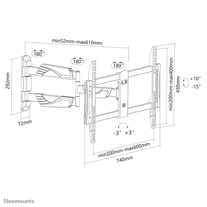Neomounts NM-W460 bianco è un supporto da parete con 3 punti di rotazione per schermi piatti fino a 60 pollici (150 cm).