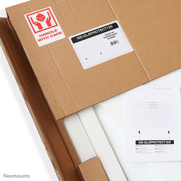 Neomounts NS-GLSPROTECT100 è un pannello in vetro durevole da 100 cm che offre protezione della distanza sul posto di lavoro - Vetro temperato, trasparente, 100% riciclabile