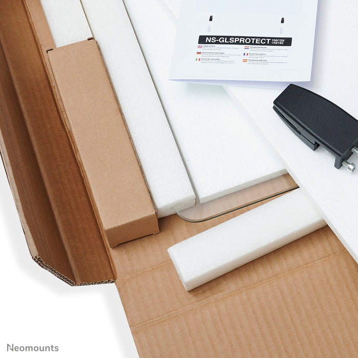 Neomounts NS-GLSPROTECT100 è un pannello in vetro durevole da 100 cm che offre protezione della distanza sul posto di lavoro - Vetro temperato, trasparente, 100% riciclabile