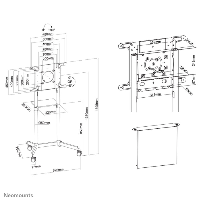 Neomounts NS-M1250 nero è un mobile su ruote per schermi piatti fino a 70 pollici (178 cm). Include piano per laptop - Nero
