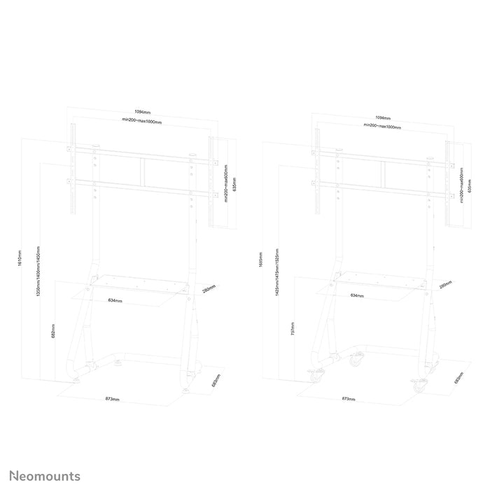 Neomounts NS-M3800 nero è un mobile su ruote per schermi piatti fino a 100 pollici (254 cm).