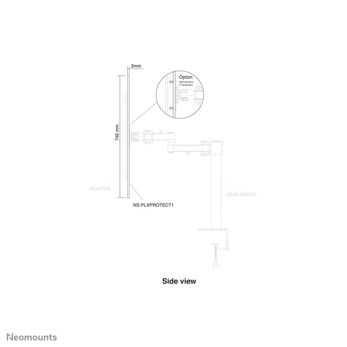 Neomounts NS-PLXPROTECT1 è uno schermo trasparente per 1 flat screen e offre protezione della distanza sul posto di lavoro - Acrilico trasparente, 100% riciclabile | PLXPROTECT è registrato come brevetto di design UE |