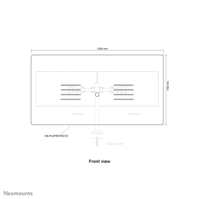 Neomounts NS-PLXPROTECT2 è uno schermo trasparente per 2 flat screen e offre protezione della distanza sul posto di lavoro - Acrilico trasparente, 100% riciclabile | PLXPROTECT è registrato come brevetto di design UE |
