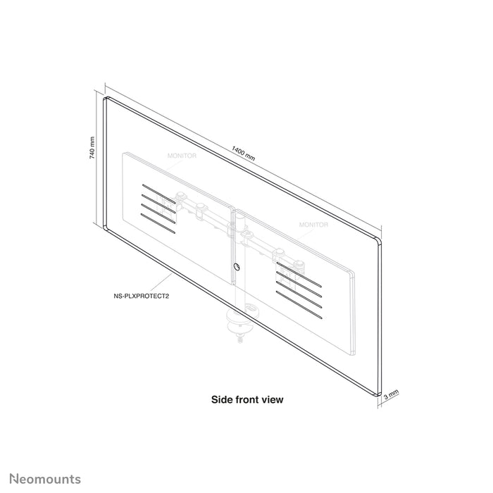 Neomounts NS-PLXPROTECT2 è uno schermo trasparente per 2 flat screen e offre protezione della distanza sul posto di lavoro - Acrilico trasparente, 100% riciclabile | PLXPROTECT è registrato come brevetto di design UE |