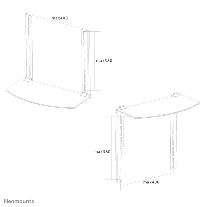 Supporto AV Neomounts, modello NS-SHELF100, è ideale per posizionare apparecchiature AV sotto supporti per flat screen.