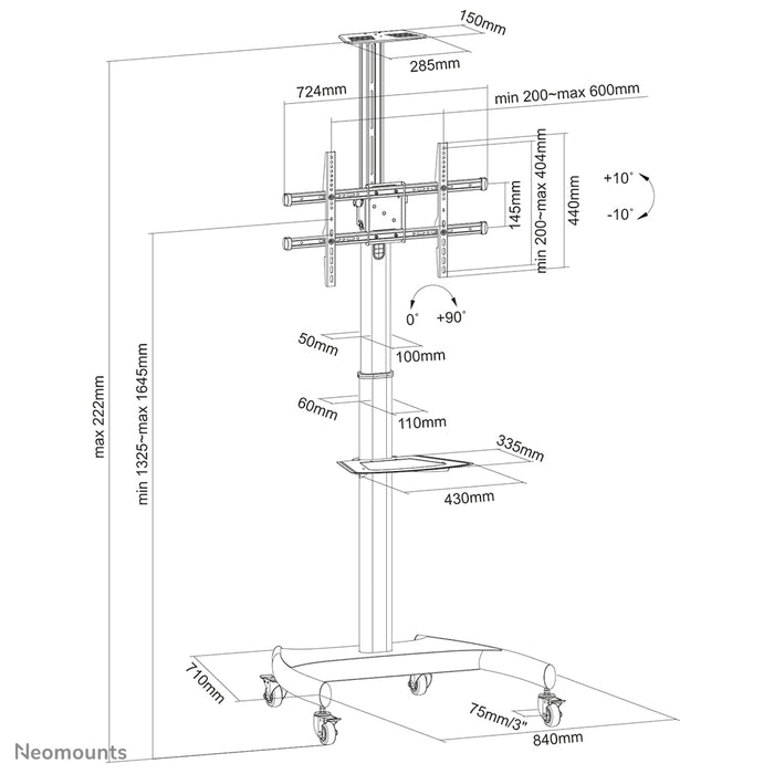 Neomounts PLASMA-M1900E è un mobile su ruote per flat screen fino a 70 pollici (178 cm), rotazione di 90° - Nero