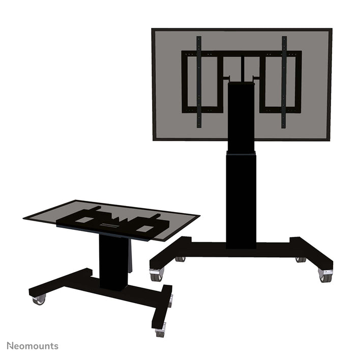 Neomounts PLASMA-M2500T nero è un carrello elettrico regolabile in altezza con funzione di inclinazione a 90 gradi per flat screen fino a 100 pollici.