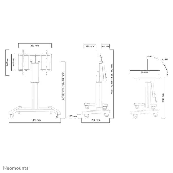 Neomounts PLASMA-M2500T nero è un carrello elettrico regolabile in altezza con funzione di inclinazione a 90 gradi per flat screen fino a 100 pollici.