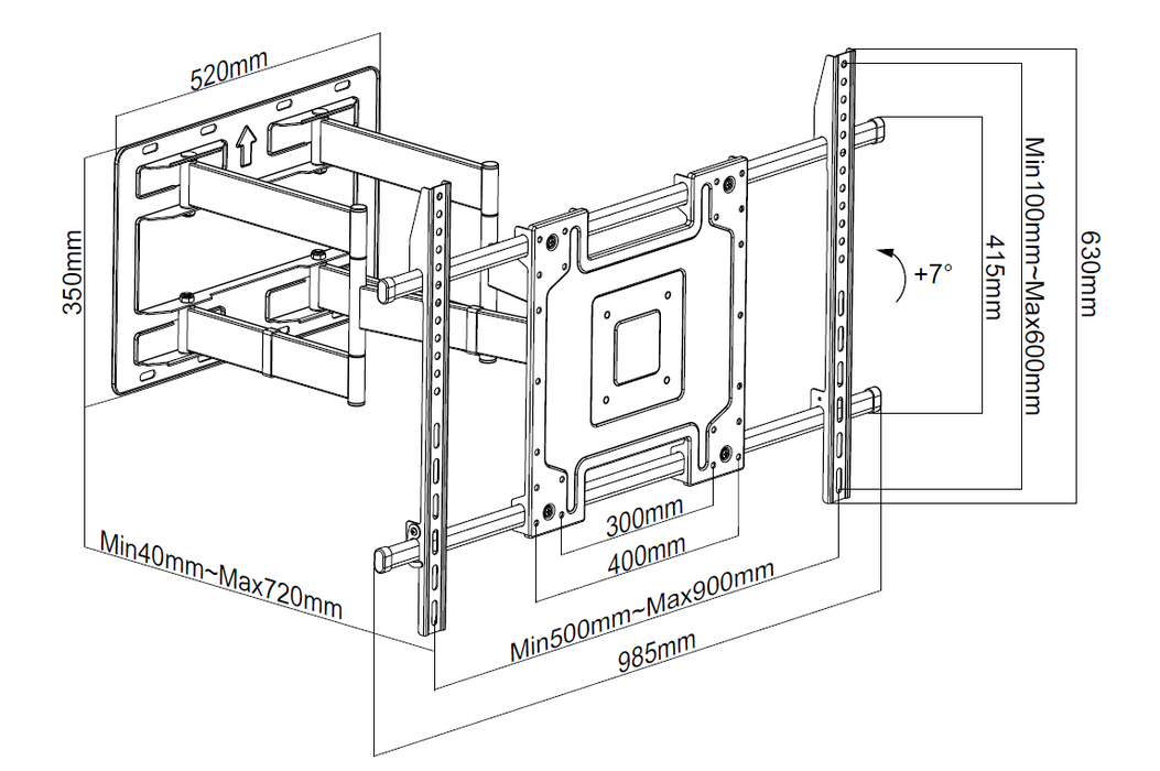 Supporto da parete per TV – da 50″ a 100″ | Extra resistente fino a 100 kg | VESA 300×300 a 900×600 | Estraibile da 4 a 72 cm