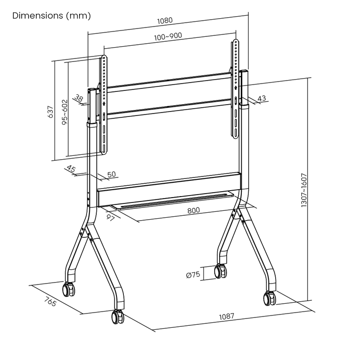 Wolff Mount TVB-136 | Mobile per presentazioni elettrico regolabile in altezza Adatto per 50–90 pollici | VESA 900x600 | Max. 90 kg