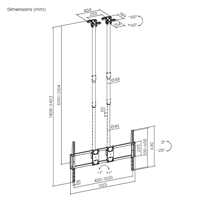 Supporto da soffitto robusto XL con doppio tubo 60-120 pollici e portata di 120 kg